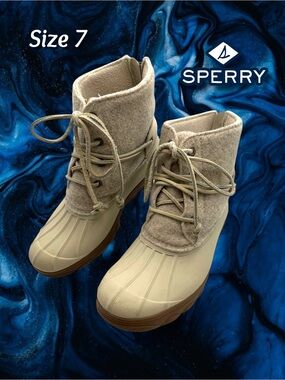 Sperry Saltwater Wedge Tide Wool Duck Boots Beige Cream Sz 7